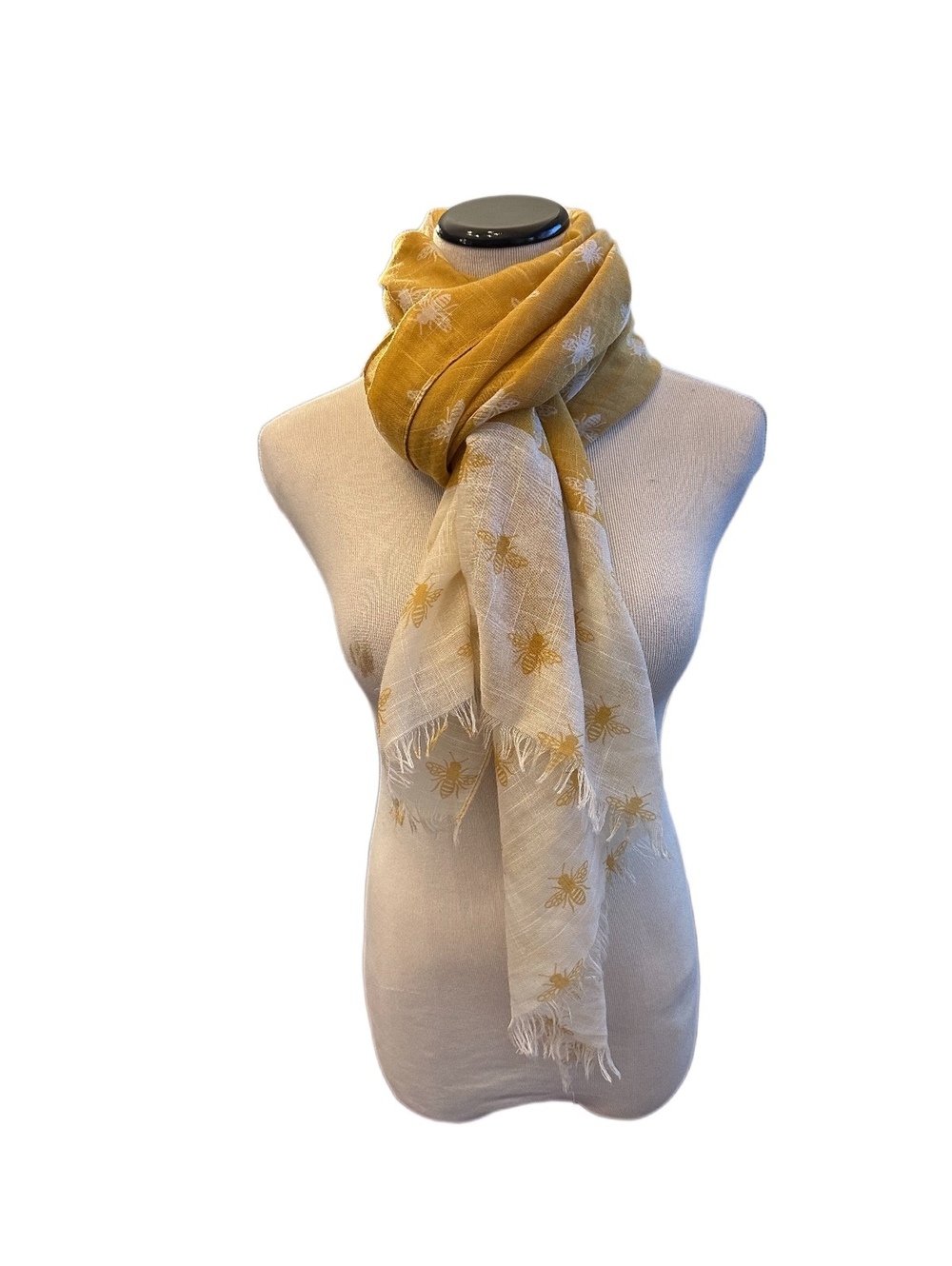 Women’s Scarf Mustard Yellow & Cream Bee Print Lightweight Cotton Fringe Wrap